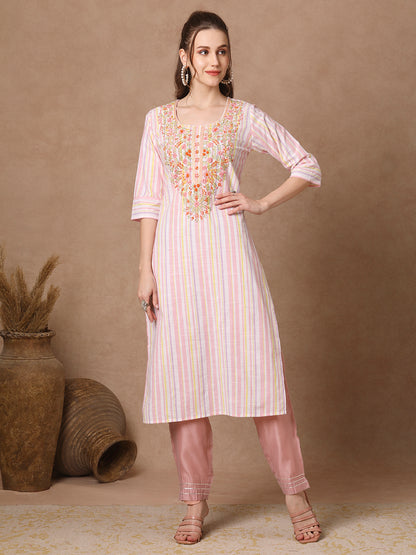 Stripes Woven & Floral Hand Embroidered Straight Fit Kurta - White