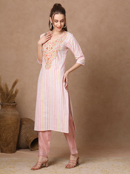 Stripes Woven & Floral Hand Embroidered Straight Fit Kurta - White