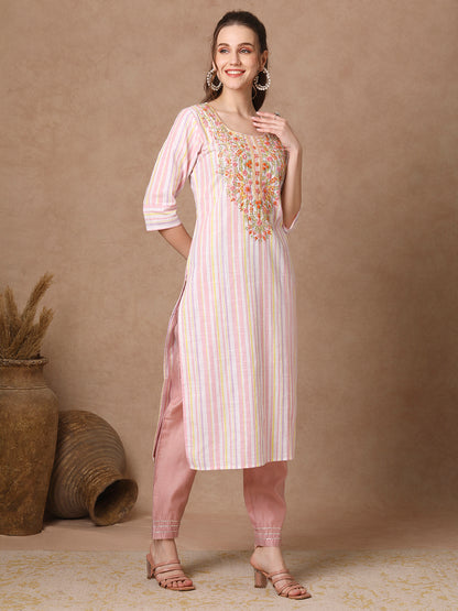 Stripes Woven & Floral Hand Embroidered Straight Fit Kurta - White