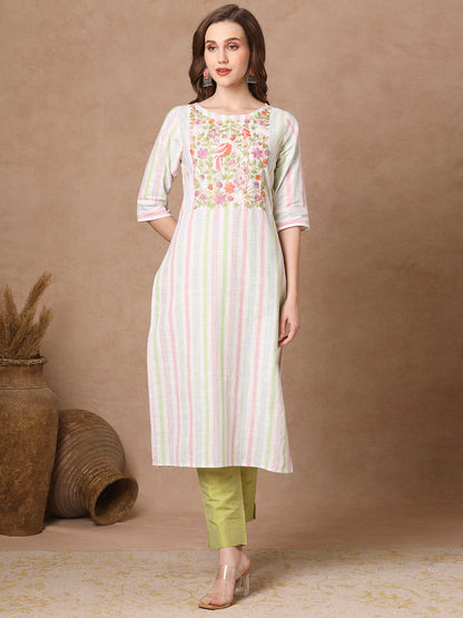 Stripes Printed & Floral Hand Embroidered Straight Fit Kurta - White