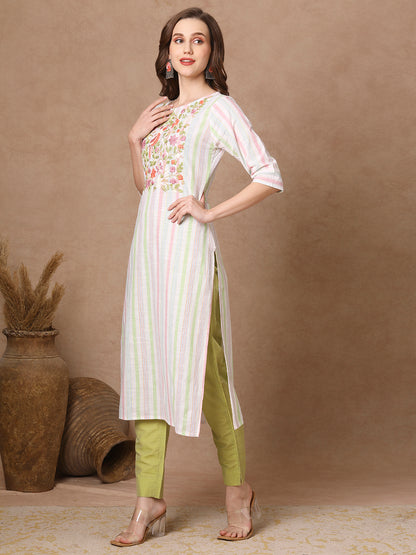 Stripes Printed & Floral Hand Embroidered Straight Fit Kurta - White