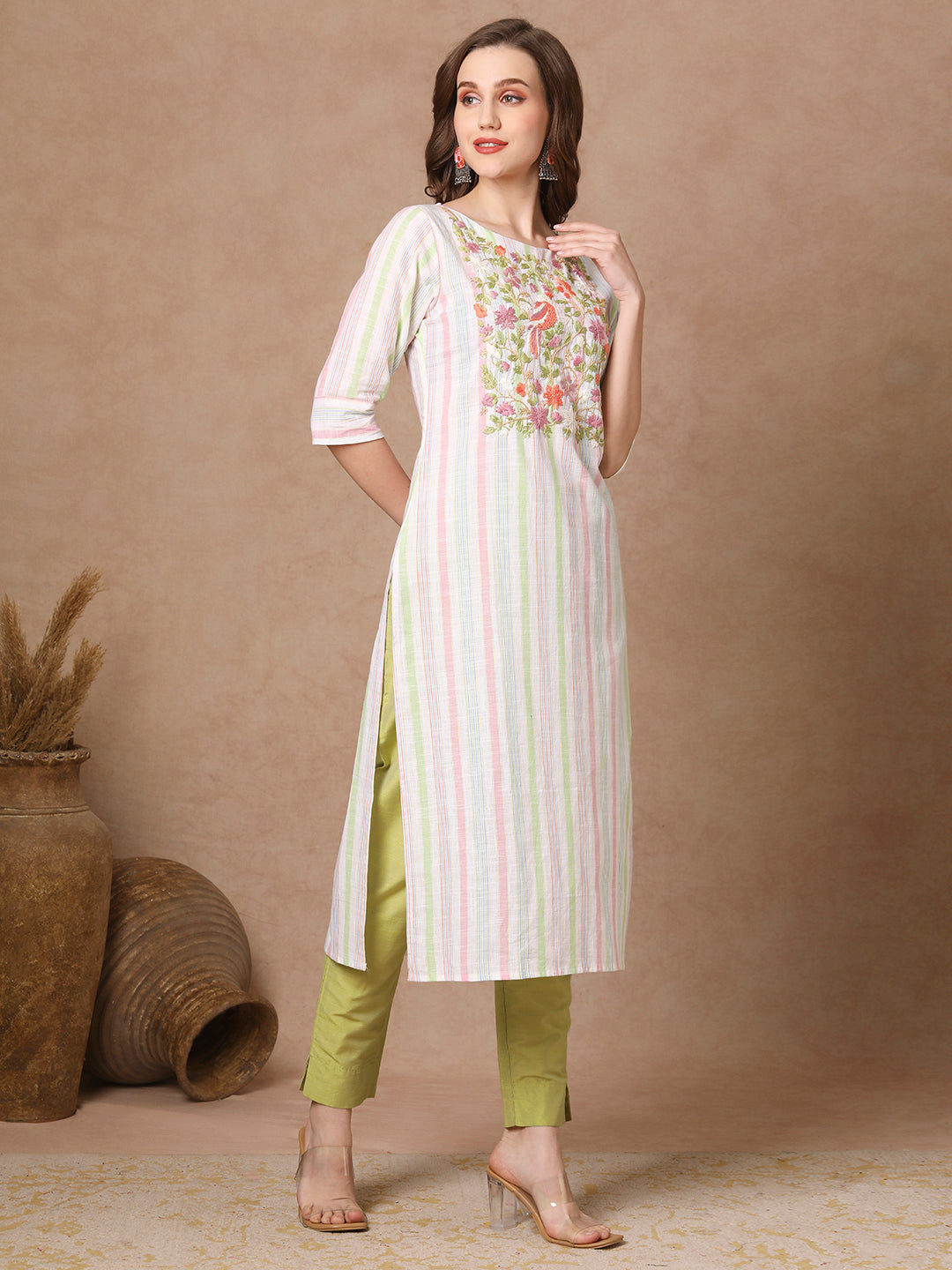 Stripes Printed & Floral Hand Embroidered Straight Fit Kurta - White