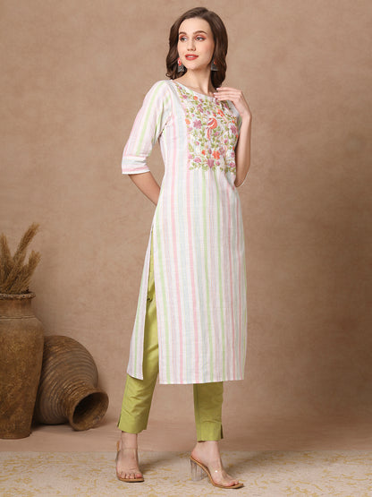 Stripes Printed & Floral Hand Embroidered Straight Fit Kurta - White