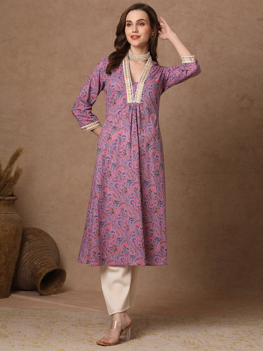 Ethnic Floral Printed & Embroidered A-line Flared Kurta - Purple