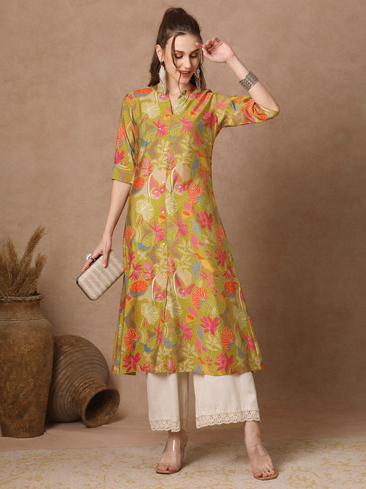 Abstract Floral Printed A-Line Flared Kurta - Green