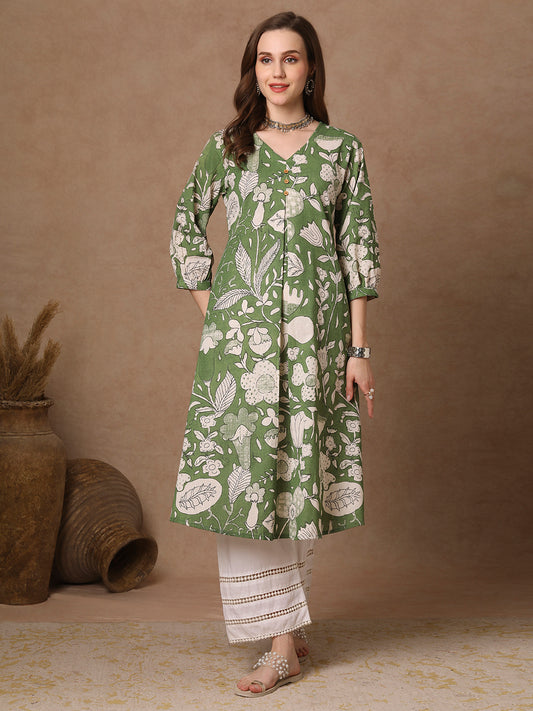 Abstract Floral Printed A-Line Flared Cotton Flax Kurta - Green