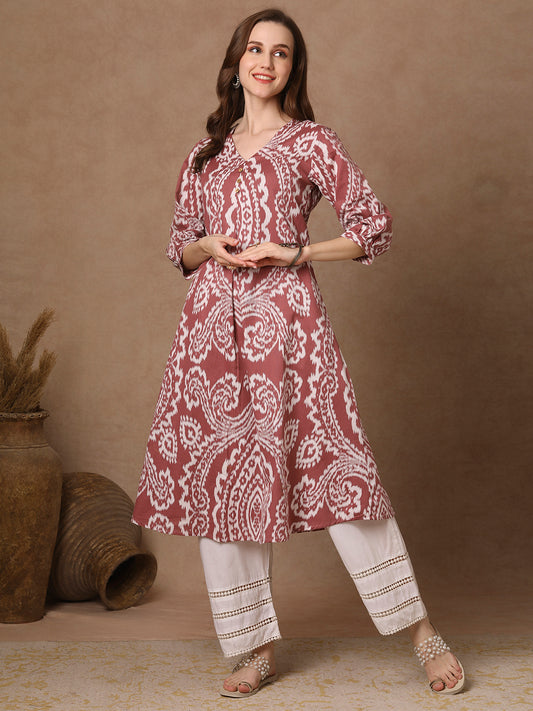 Ethnic Ikat Printed A-Line Flared Cotton Flax Kurta - Mauve