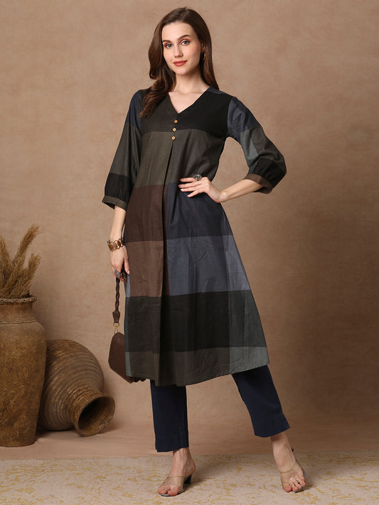 Abstract Checks Printed A-Line Flared Cotton Flax Kurta - Green