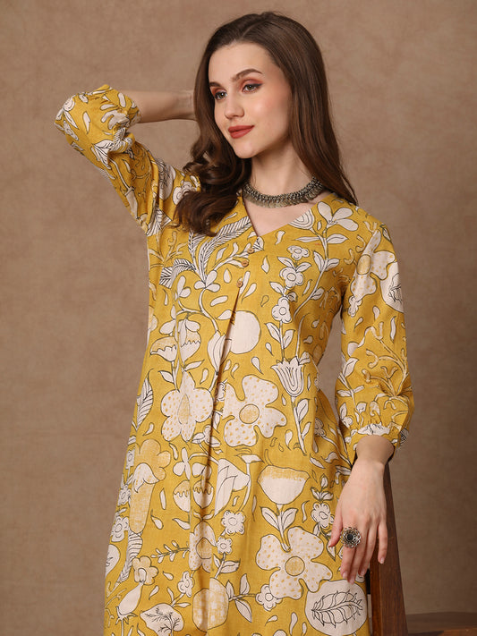 Abstract Floral Printed A-Line Flared Cotton Flax Kurta - Yellow