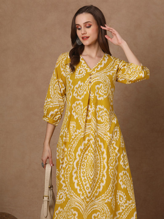 Ethnic Ikat Printed A-Line Flared Cotton Flax Kurta - Yellow