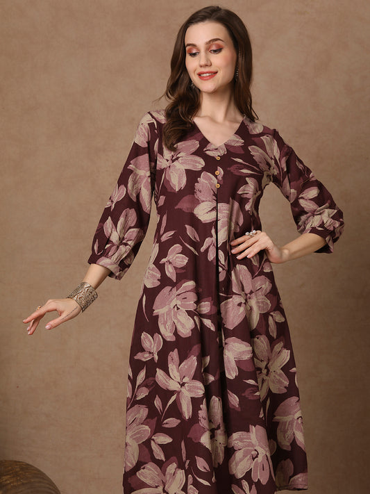 Abstract Floral Printed A-Line Flared Cotton Flax Kurta - Burgundy