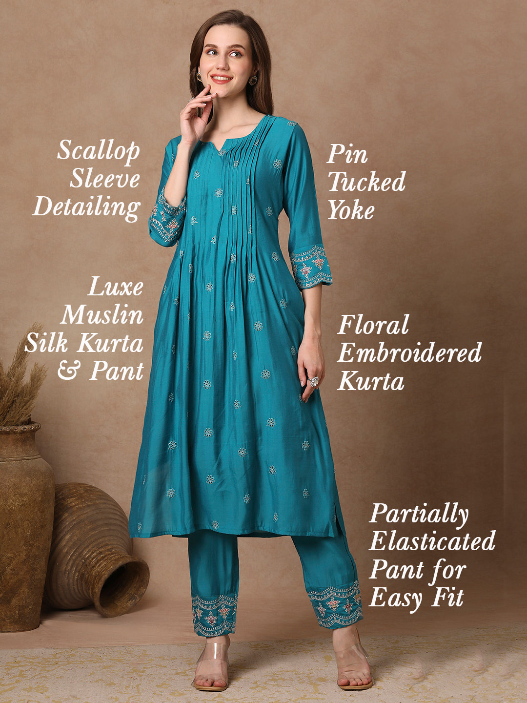 Solid Floral Embroidered Pin Tucked A-Line Kurta with Pant - Turquoise Blue