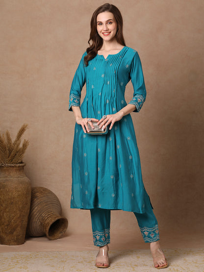 Solid Floral Embroidered Pin Tucked A-Line Kurta with Pant - Turquoise Blue