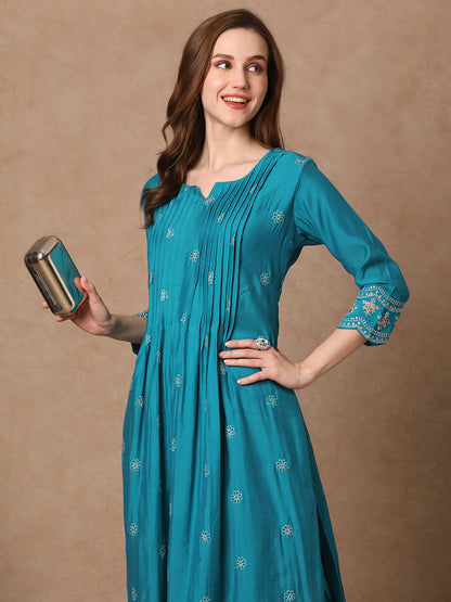 Solid Floral Embroidered Pin Tucked A-Line Kurta with Pant - Turquoise Blue