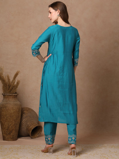 Solid Floral Embroidered Pin Tucked A-Line Kurta with Pant - Turquoise Blue