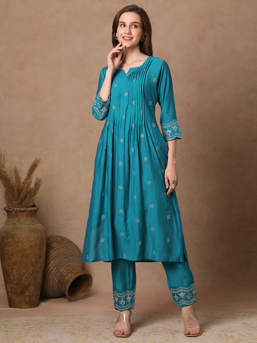 Solid Floral Embroidered Pin Tucked A-Line Kurta with Pant - Turquoise Blue