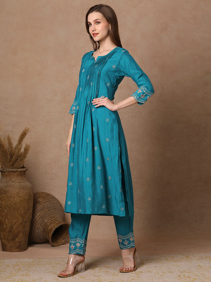 Solid Floral Embroidered Pin Tucked A-Line Kurta with Pant - Turquoise Blue