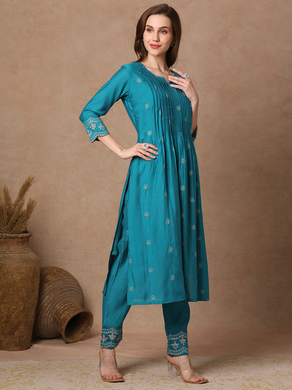 Solid Floral Embroidered Pin Tucked A-Line Kurta with Pant - Turquoise Blue