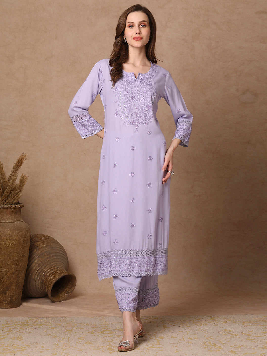 Solid Floral Embroidered Straight Fit Kurta with Palazzo - Lavender