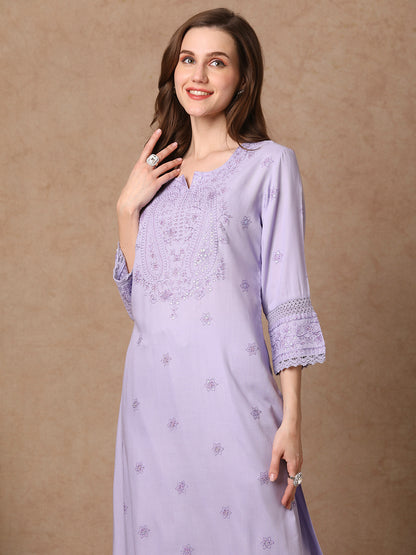 Solid Floral Embroidered Straight Fit Kurta with Palazzo - Lavender