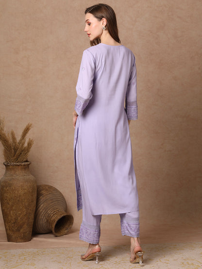 Solid Floral Embroidered Straight Fit Kurta with Palazzo - Lavender