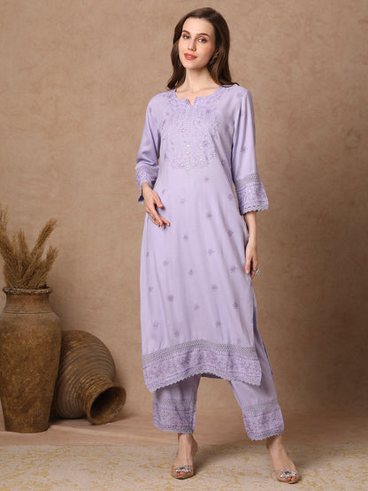 Solid Floral Embroidered Straight Fit Kurta with Palazzo - Lavender