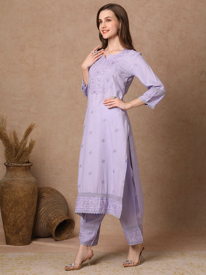 Solid Floral Embroidered Straight Fit Kurta with Palazzo - Lavender