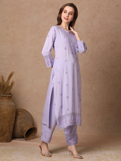 Solid Floral Embroidered Straight Fit Kurta with Palazzo - Lavender