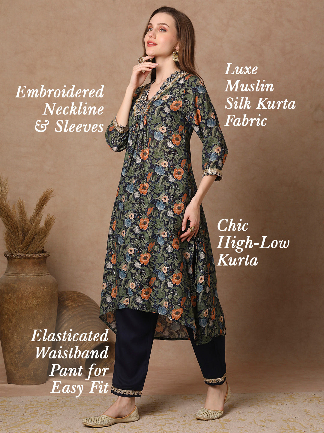 Ethnic Floral Printed & Embroidered A-Line Kurta with Pant - Navy Blue