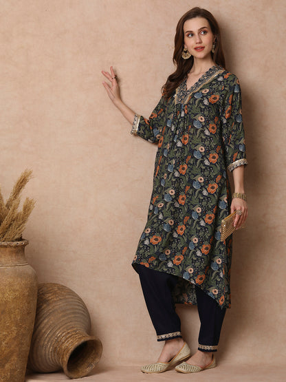 Ethnic Floral Printed & Embroidered A-Line Kurta with Pant - Navy Blue