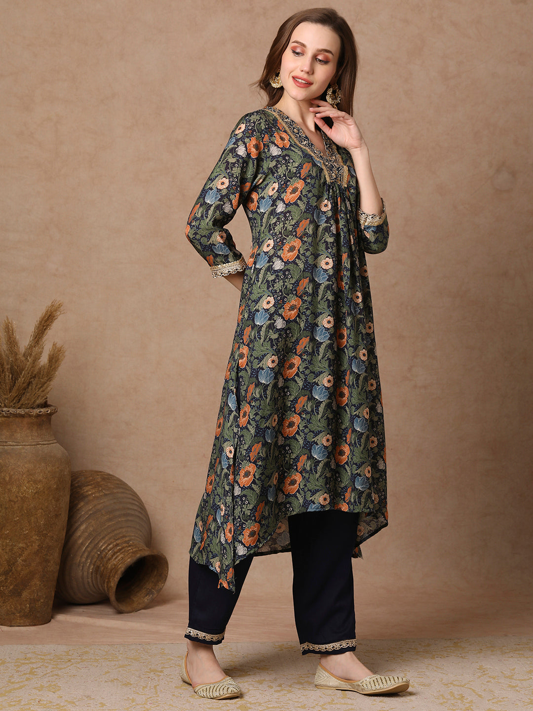 Ethnic Floral Printed & Embroidered A-Line Kurta with Pant - Navy Blue