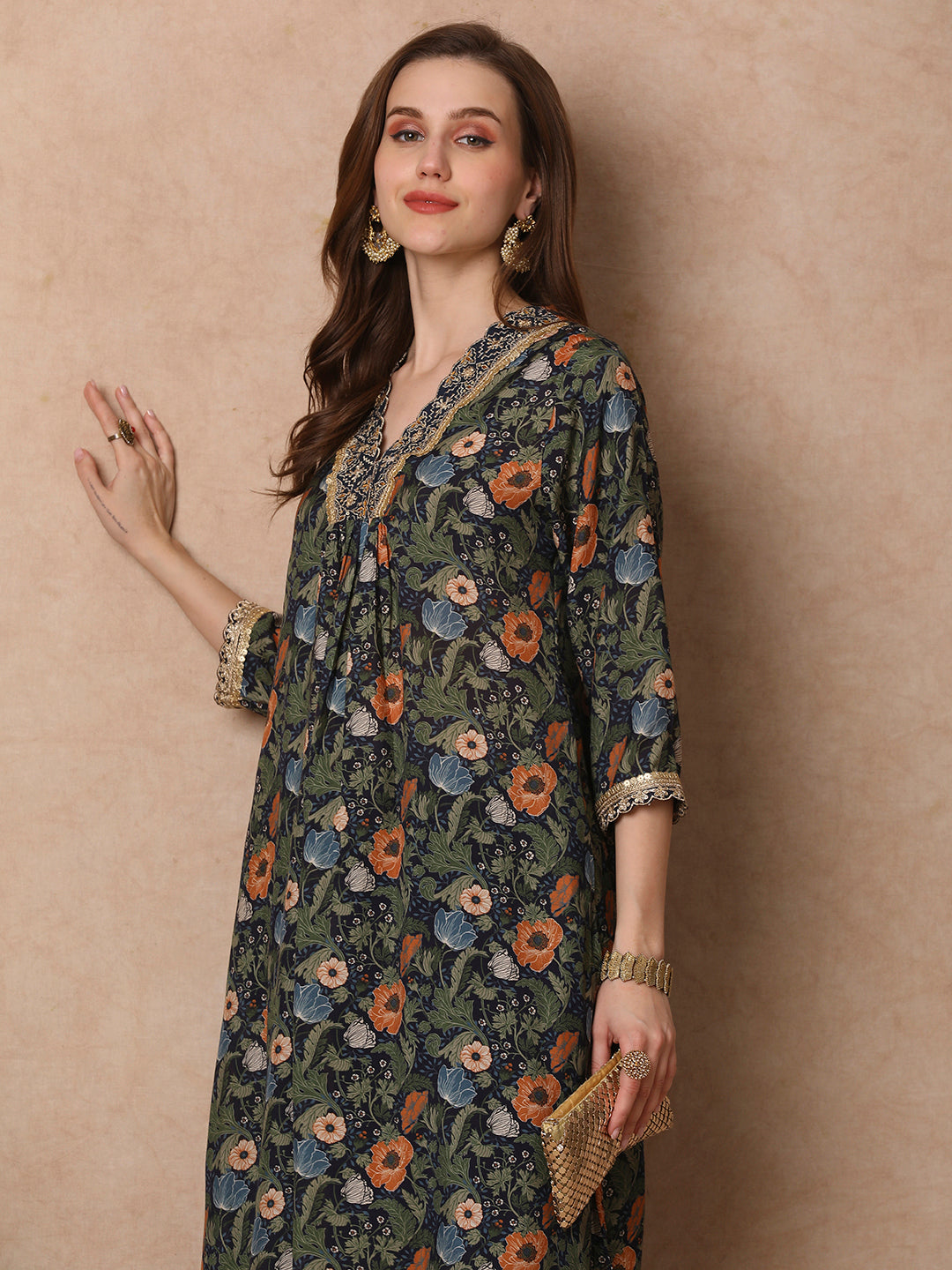 Ethnic Floral Printed & Embroidered A-Line Kurta with Pant - Navy Blue