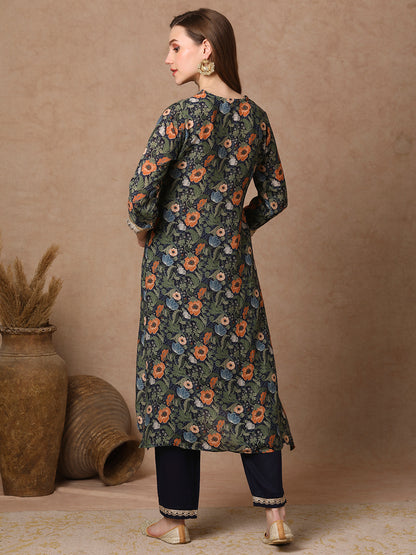 Ethnic Floral Printed & Embroidered A-Line Kurta with Pant - Navy Blue