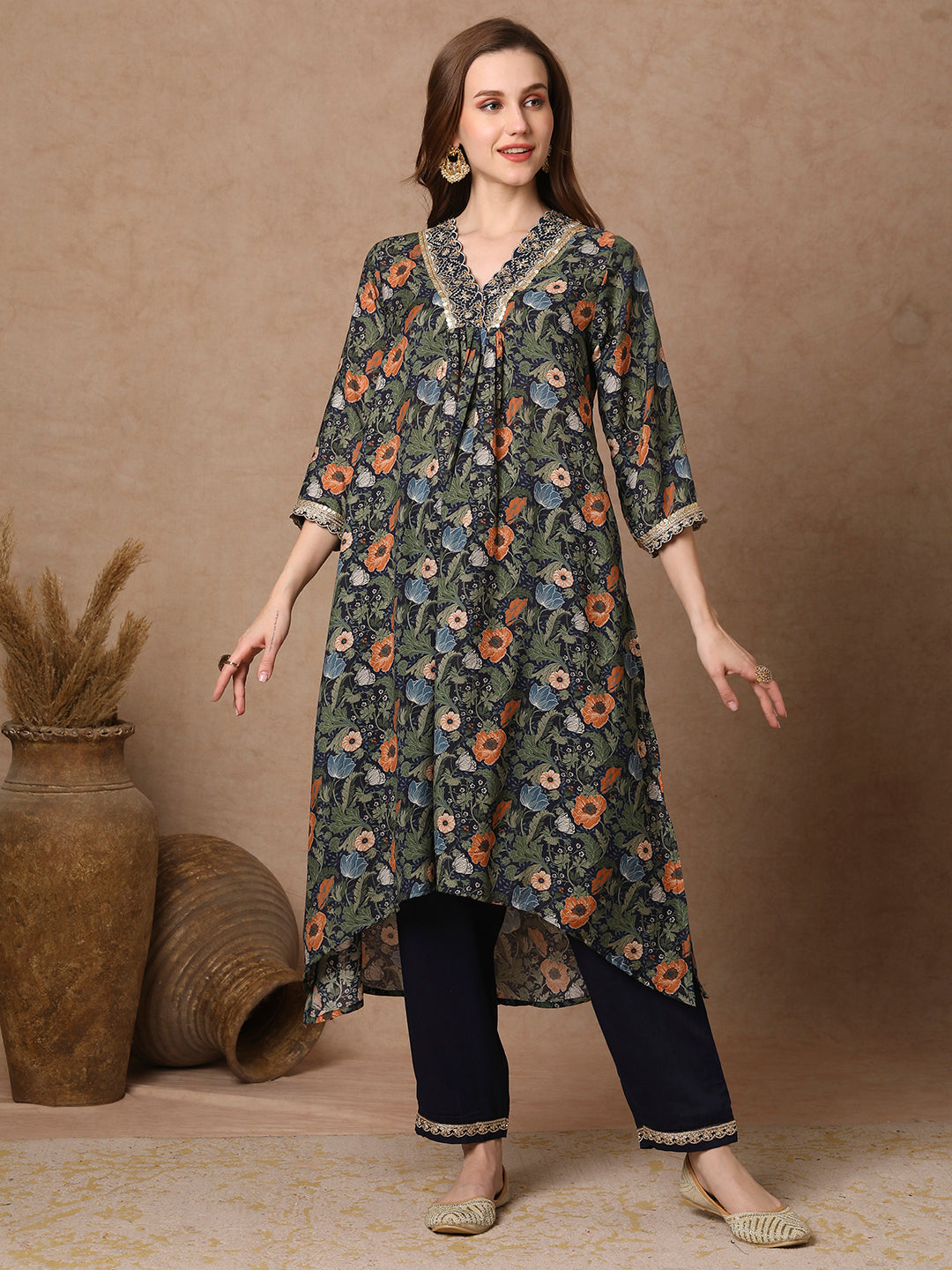 Ethnic Floral Printed & Embroidered A-Line Kurta with Pant - Navy Blue