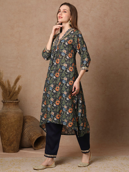 Ethnic Floral Printed & Embroidered A-Line Kurta with Pant - Navy Blue