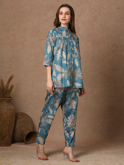 Ethnic Floral Printed Pleated A-Line Co-ord Set - Blue