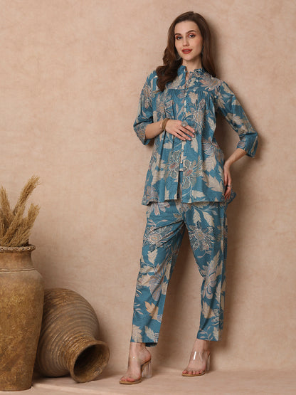 Ethnic Floral Printed Pleated A-Line Co-ord Set - Blue