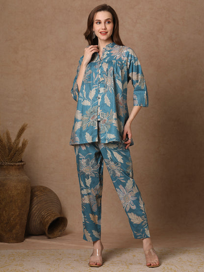 Ethnic Floral Printed Pleated A-Line Co-ord Set - Blue