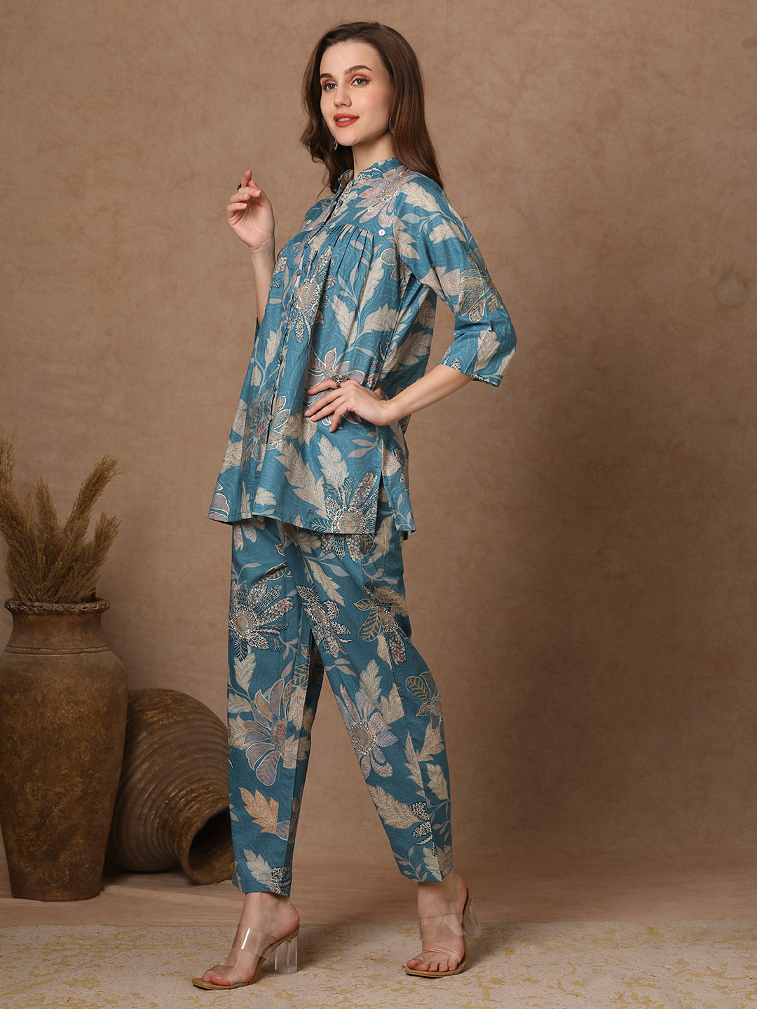 Ethnic Floral Printed Pleated A-Line Co-ord Set - Blue