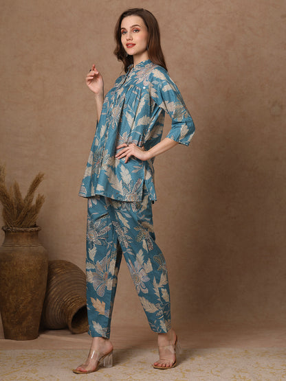 Ethnic Floral Printed Pleated A-Line Co-ord Set - Blue