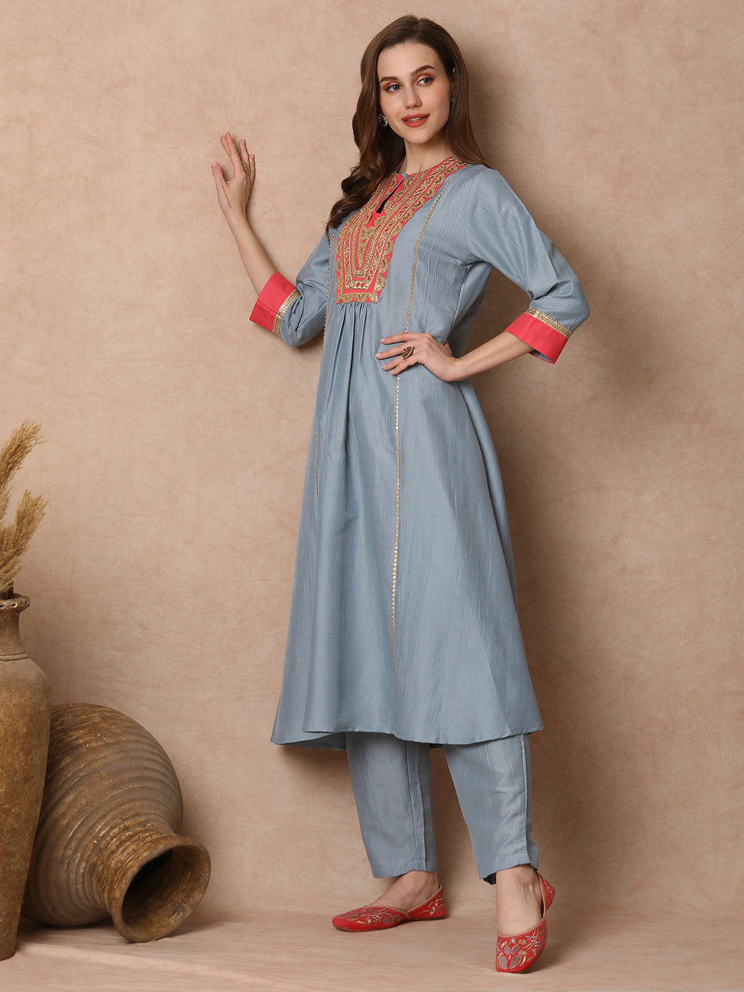 Solid Ethnic Zari Embroidered A-Line Paneled Kurta with Palazzo - Blue