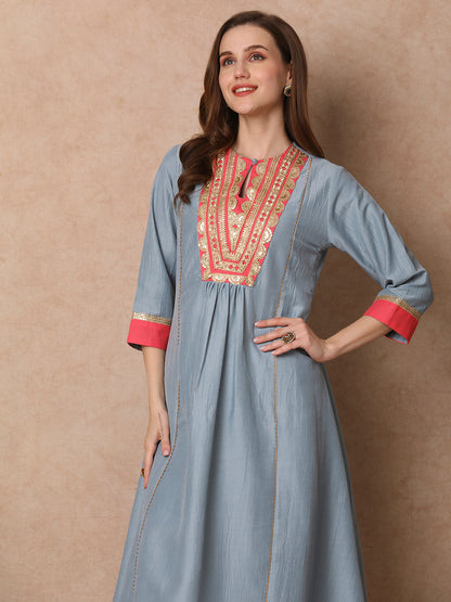 Solid Ethnic Zari Embroidered A-Line Paneled Kurta with Palazzo - Blue