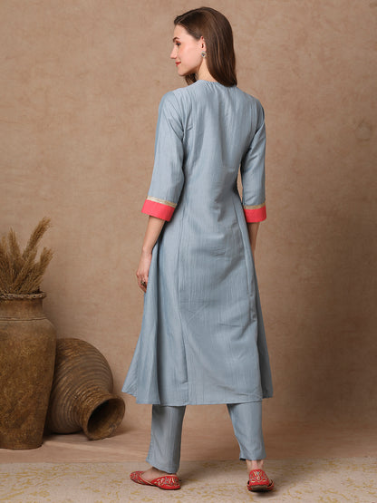 Solid Ethnic Zari Embroidered A-Line Paneled Kurta with Palazzo - Blue