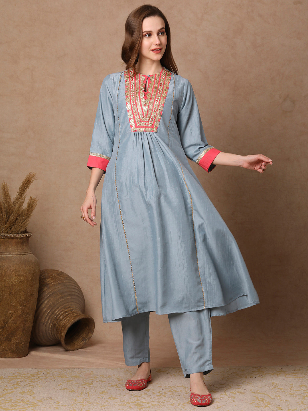 Solid Ethnic Zari Embroidered A-Line Paneled Kurta with Palazzo - Blue