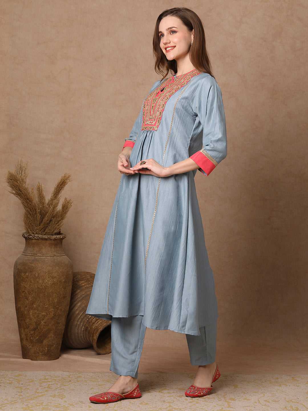 Solid Ethnic Zari Embroidered A-Line Paneled Kurta with Palazzo - Blue