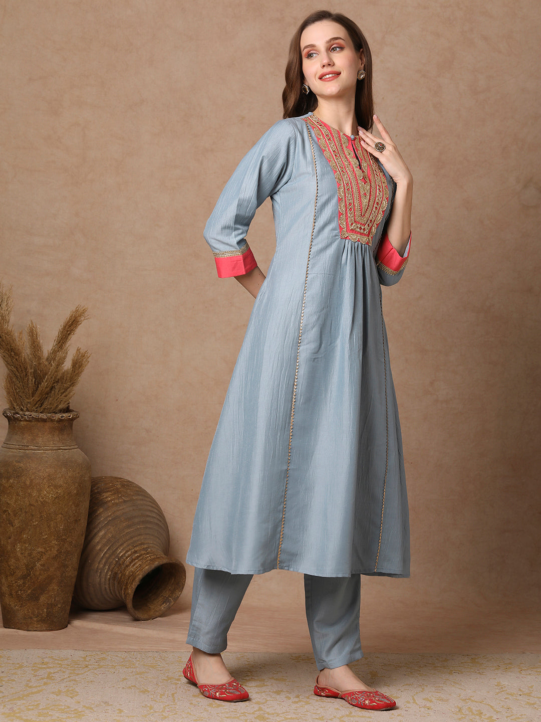 Solid Ethnic Zari Embroidered A-Line Paneled Kurta with Palazzo - Blue