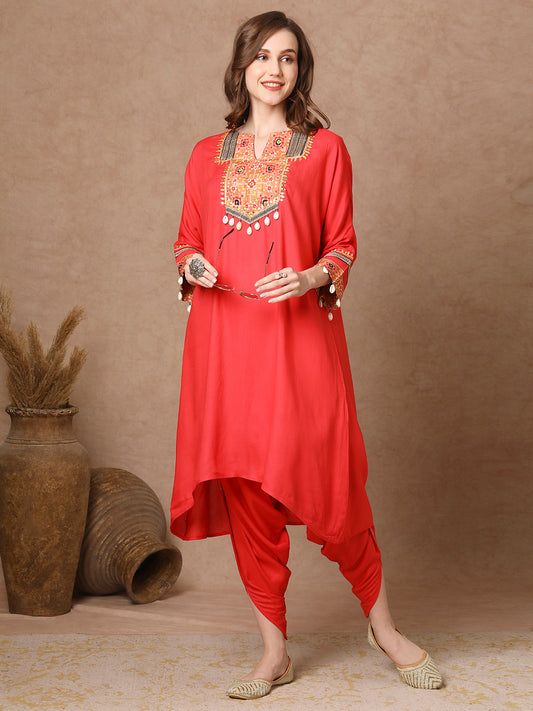 Ethnic Patola Embroidered A-Line High Low Kurta with Dhoti Pant - Peach