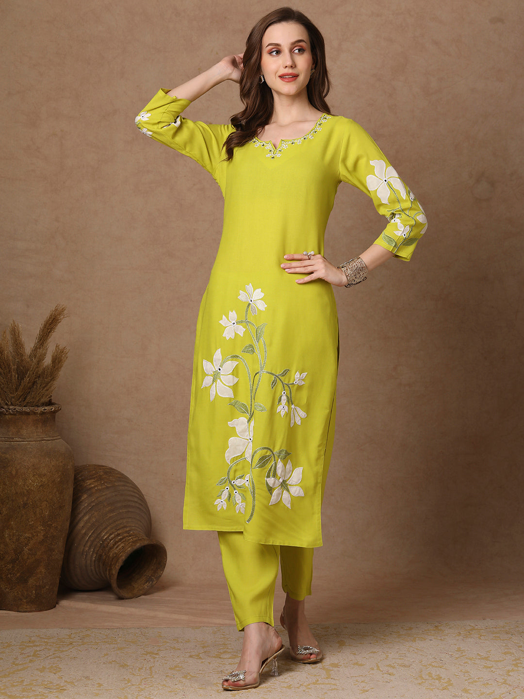 Solid Floral Patchwork Embroidered Straight Fit Co-ord Set - Lime Green