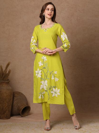 Solid Floral Patchwork Embroidered Straight Fit Co-ord Set - Lime Green