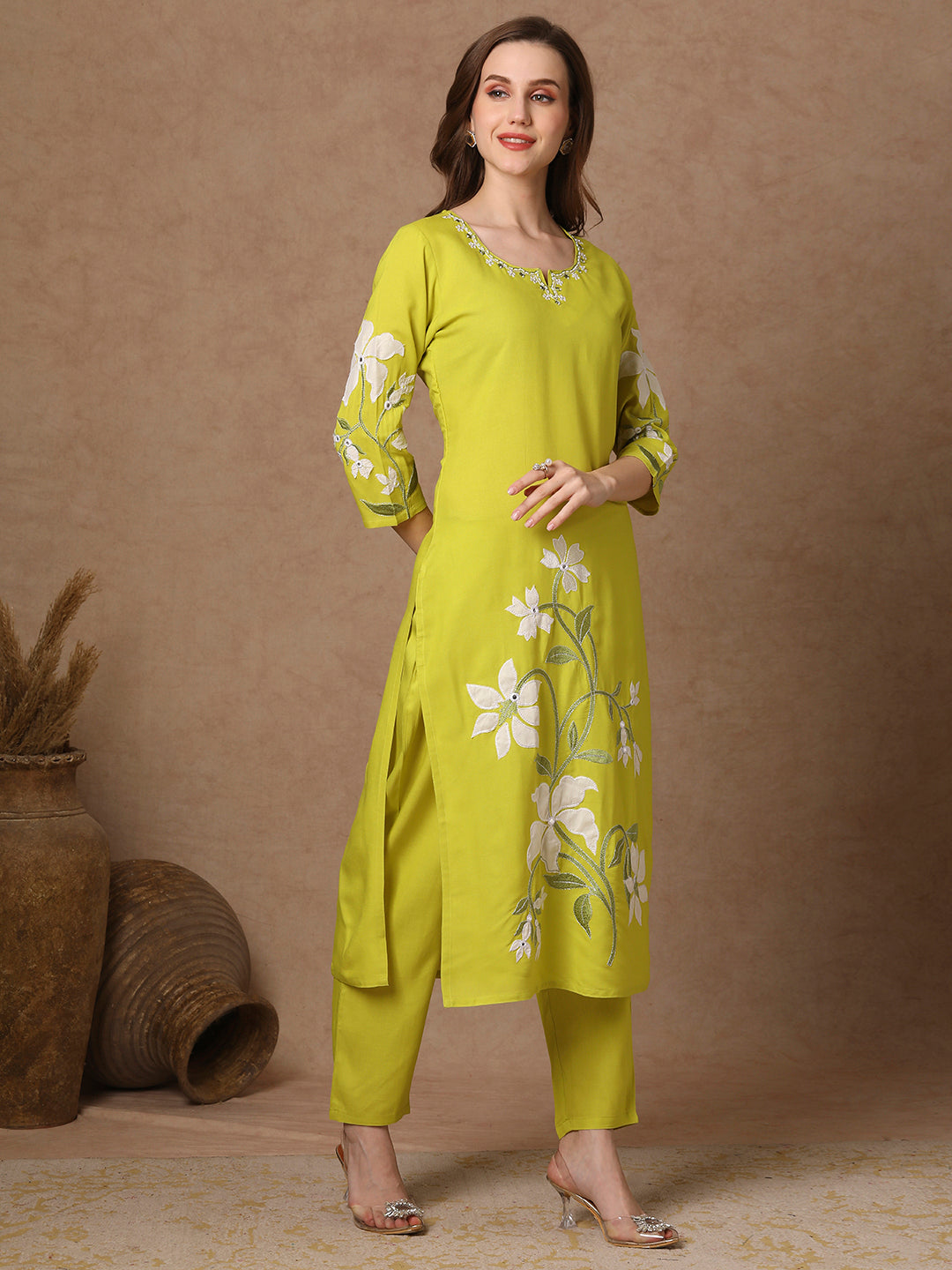 Solid Floral Patchwork Embroidered Straight Fit Co-ord Set - Lime Green